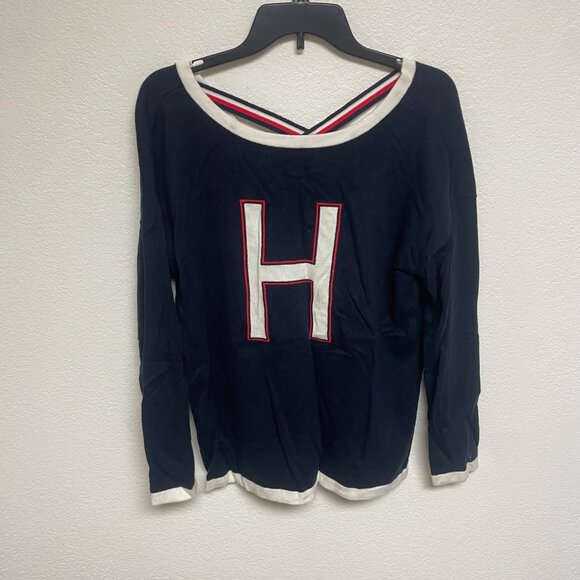 Tommy Hilfiger Varsity Letterman's H Scoop neck Open Back Sweatshirt LARGE - Picture 2 of 4